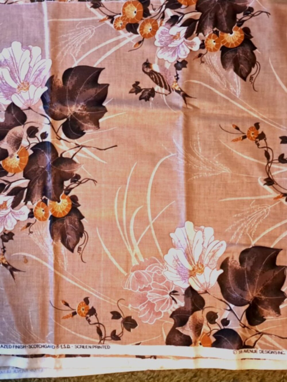 Brown Leaves on Tan Polished Cotton Decor Fabric Remnant 58" wide x 1+ yard